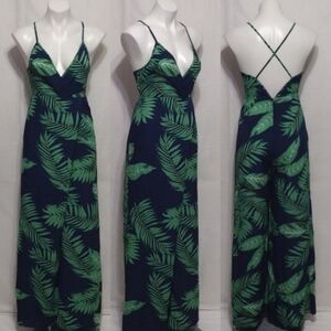 Tropical Print Crisscross Open Back Wide Leg Jumpsuit XS Summer Vacation Outfit